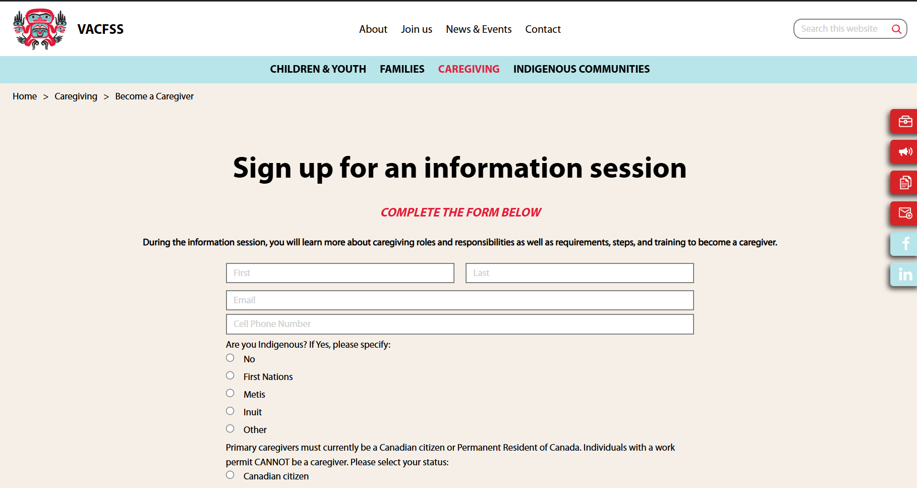 Redesigned VACFSS Becoming a Caregiver page — structured, clear hierarchy, prominent CTA