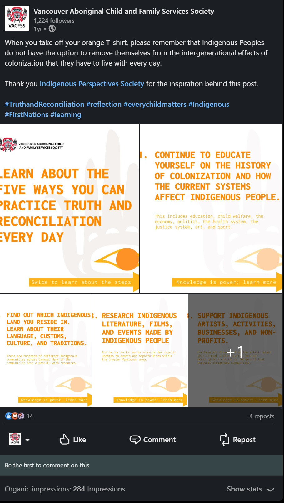 LinkedIn post about Truth and Reconciliation — 284 organic impressions