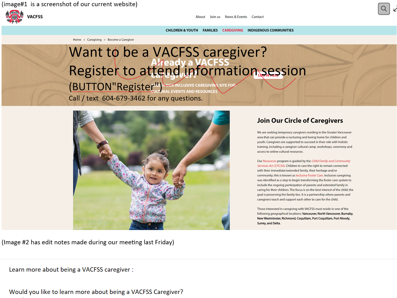 Old VACFSS site — buried navigation, no clear path to caregiver page