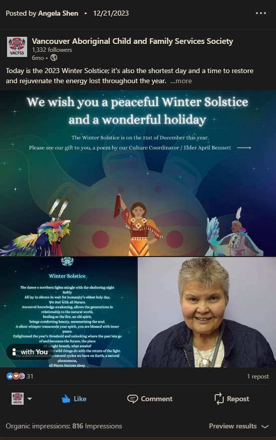 LinkedIn post sharing the 2023 Winter Solstice card design