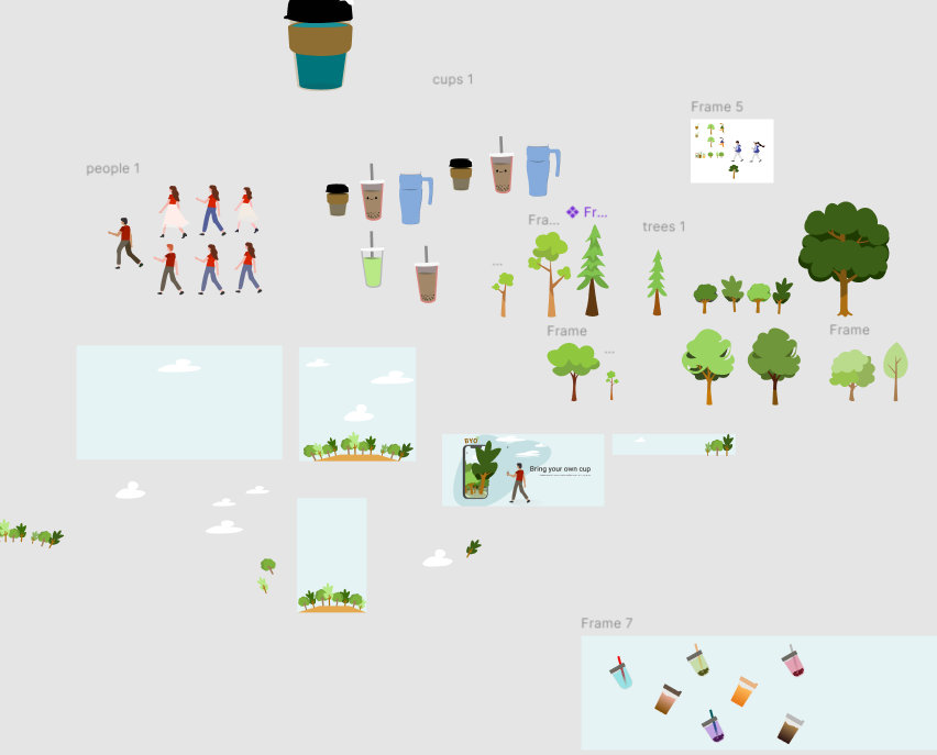 Complete BYO asset library — people, cups, trees, and background environments